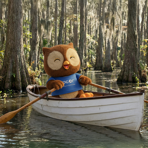 Hoot-E in a boat in the swamp