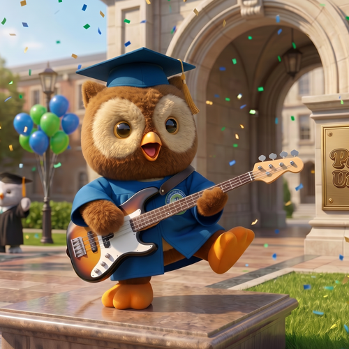 Hoot-E in cap and gown rocking a guitar