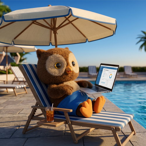 Hoot-E by the pool working on a laptop