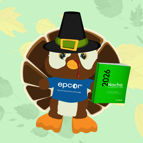 Thanksgiving Hoot-E holding the ACH Rules